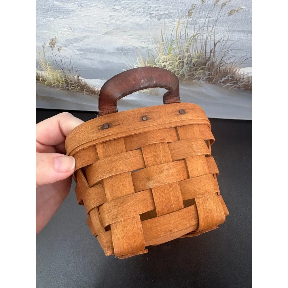 Longaberger 1989 Rectangular Woven Wood Basket with Leather Handles Dresden Ohio